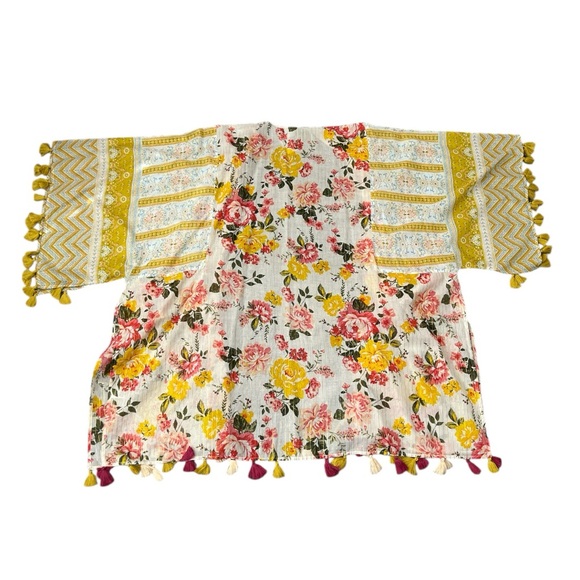 Aratta Color Story Mustard Floral Tassel Boho Hippie Open Front Kimono One Size - Picture 2 of 13